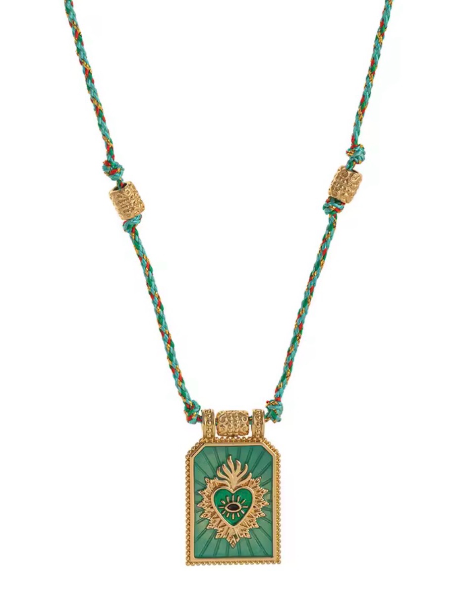 Gorgeous 18k Gold Tone Green Sacred Heart Pendant Braided Cord Necklace